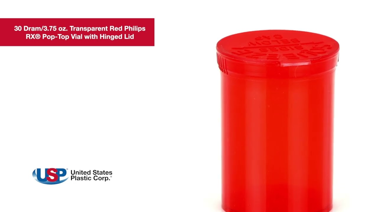 30 Dram Transparent Red Philips RX&reg; Pop-Top Vial with Hinged Lid | U.S. Plastic Corporation&reg;