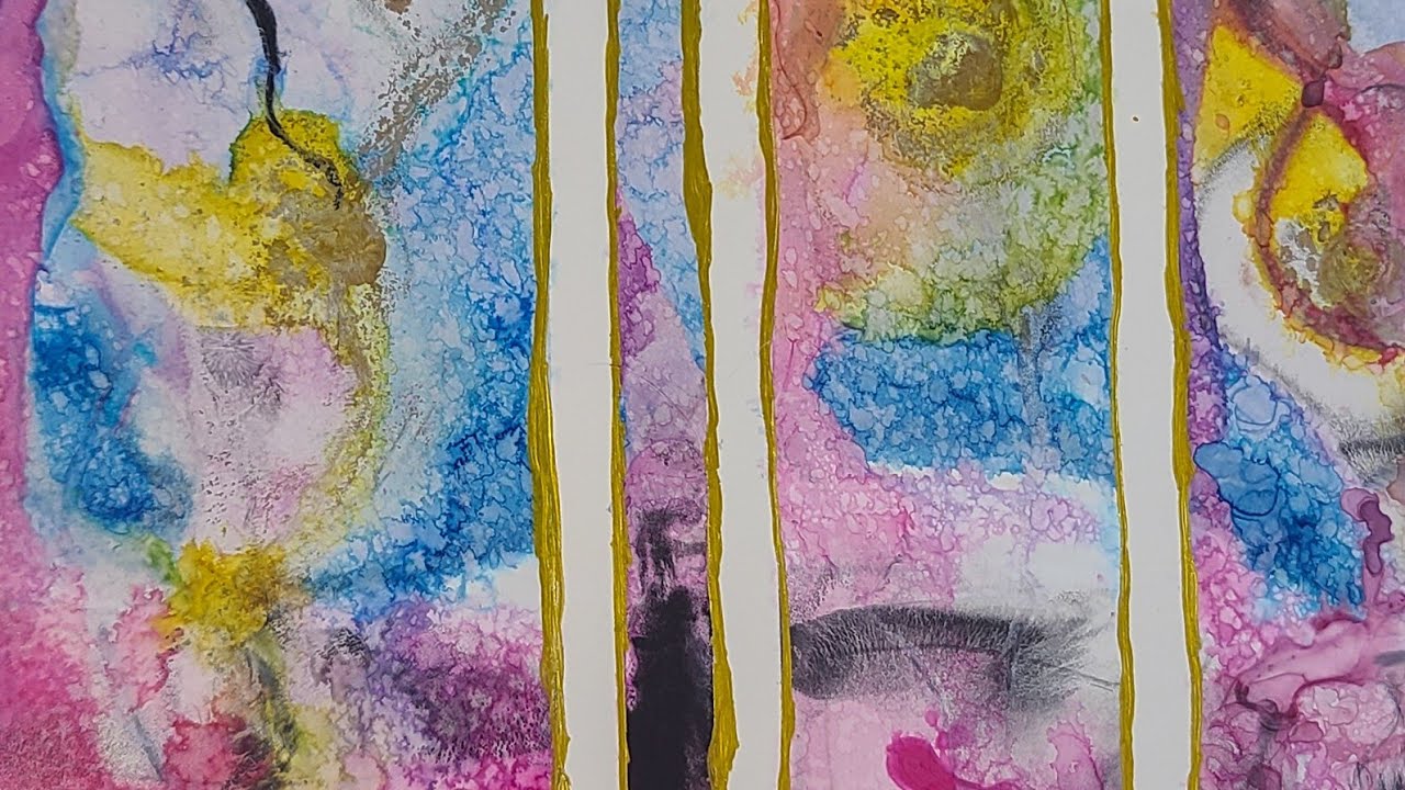 Playing with liquid watercolor (and other things) on mineral paper on a flat surface