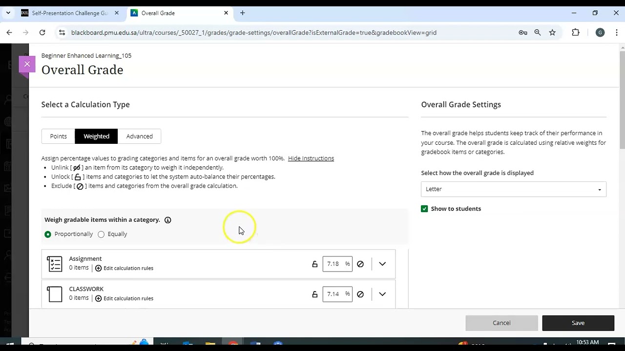 Blackboard Ultra (PMU) Gradebook Categories and Weighted Total