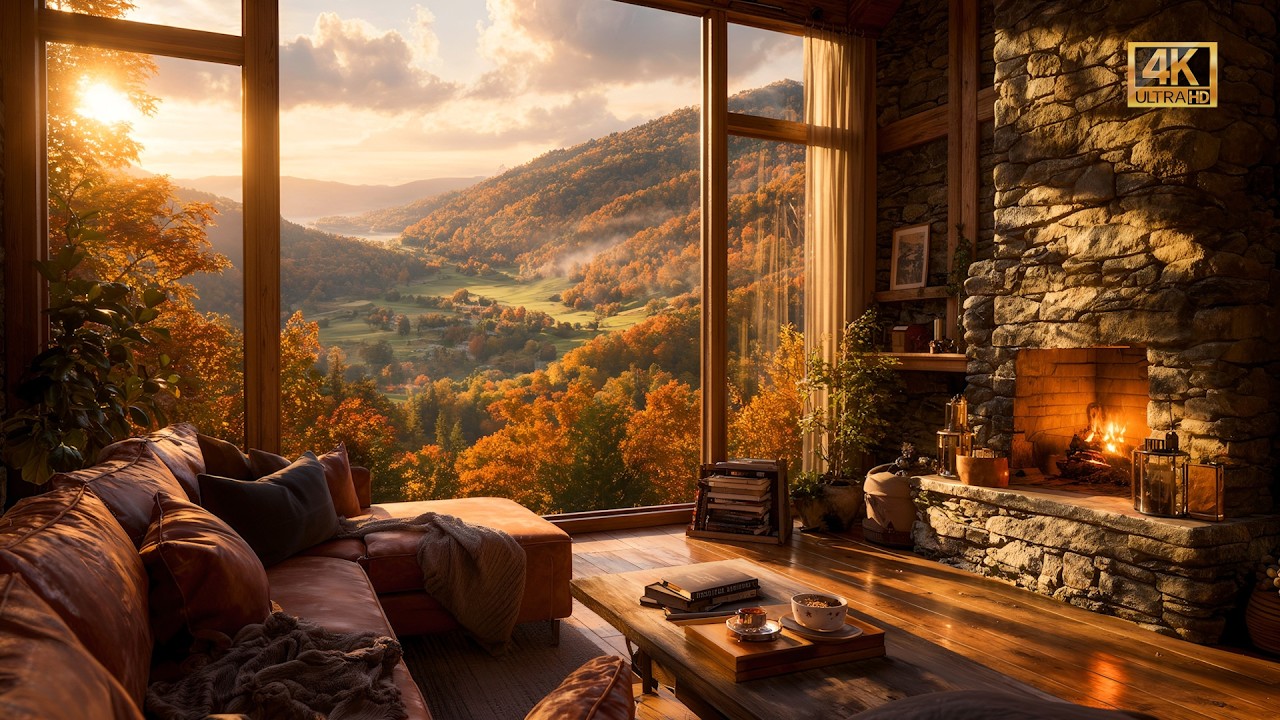Autumn Fireplace Ambience 4K • Cozy Fire Room & Brown Noise • Relaxing Fall View • 8 Hours