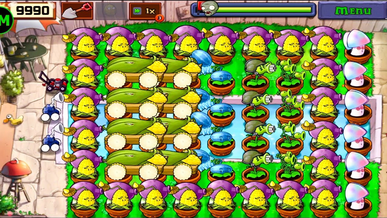 Plants Vs zombies Survival Pool Cob Cannon+Gatling Pea+Snow Melon+Fume Shroom Vs Zombies Gameplay 