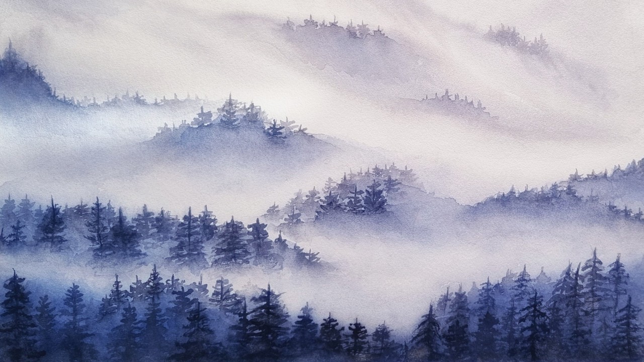 How To Paint  Misty Winter Watercolor Forest Landscape
