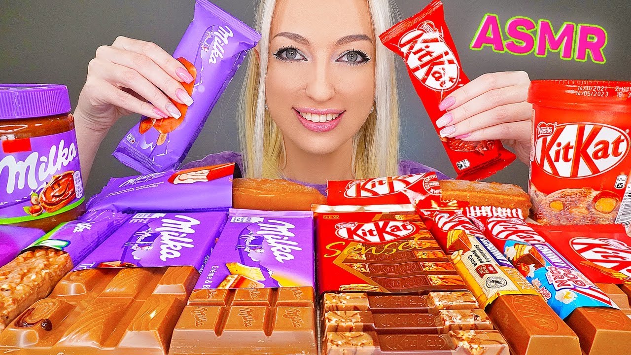 ASMR EATING MILKA CHOCOLATE & KITKAT, ICE CREAM, CANDY BARS 초코바 초콜릿, 초콜릿 디저트 먹방 (DESSERT) MUKBANG 먹방