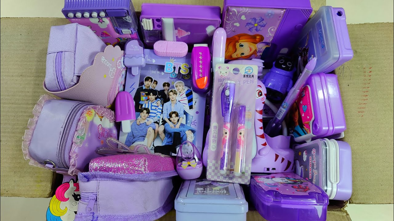 my hot purple stationery collection,  pencil box, pen, eraser, pouch, bts case, pencil, light box 💜