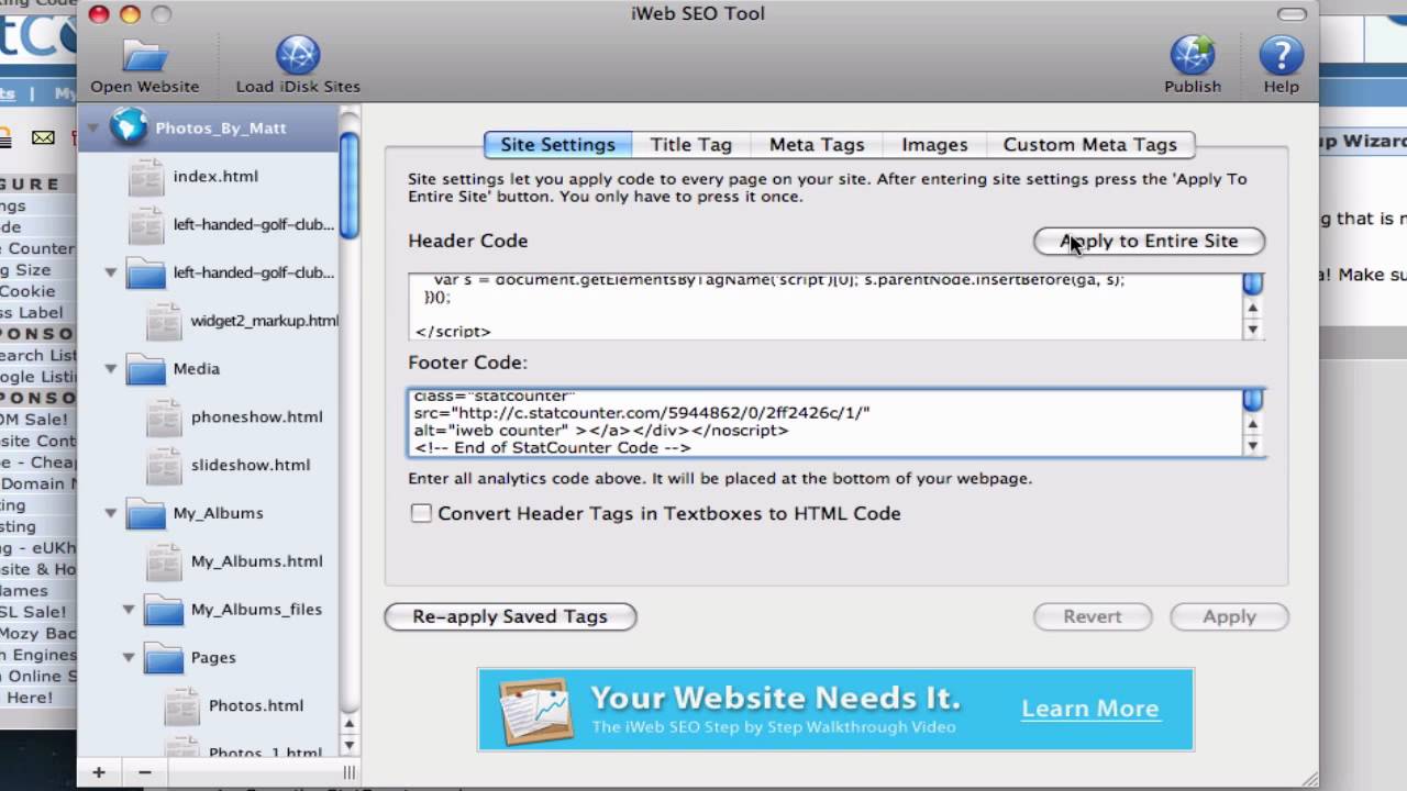 How to use iWeb SEO Tool - Header Code & Footer Code
