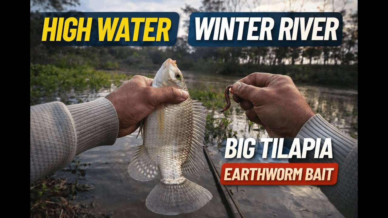 High Water Winter River Fishing – Catching Big Tilapia with Earthworms