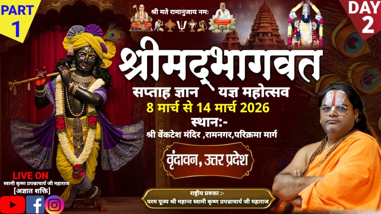 DAY-2,P-1 श्रीमद् भागवत ज्ञान यज्ञ#स्वामी कृष्ण प्रपन्नाचार्य जी महाराज ,श्री वेंकटेश मंदिर,वृन्दावन