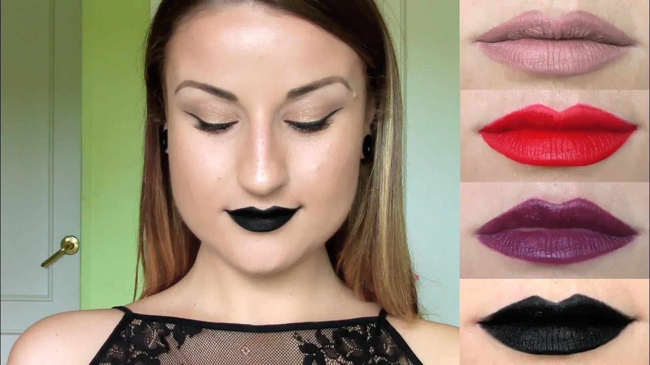 TUTORIAL:Maquillaje de FIESTA,noche,clásico,GLAMUROSO eyeliner negro +4labios:nude,rojo,morado,negro