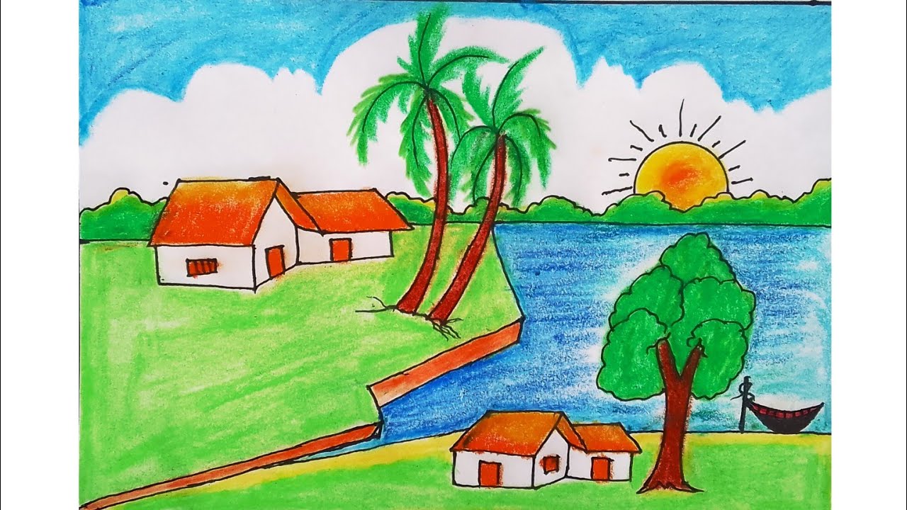 Easy village & river scenery drawing | how to draw beautiful village landscape step by step | #draw 
