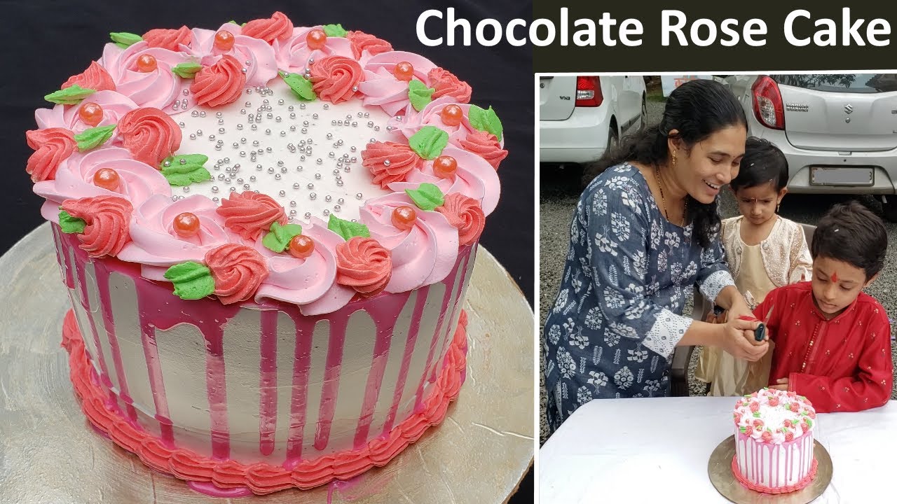 Eggless Rose Chocolate Birthday Cake 1 kg Recipe | बिना अंडा बिना ओवन १ किलो का रोज चॉकलेट केक