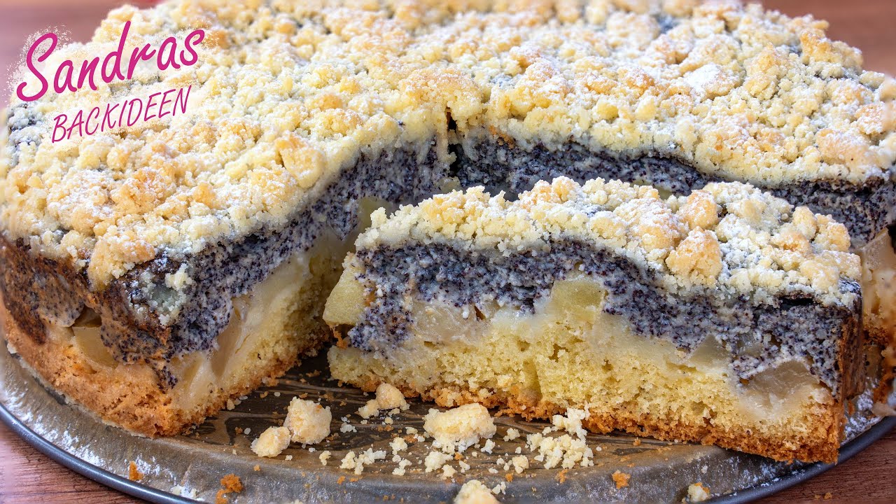 Apfelkuchen mit Pudding, Mohn und Streusel - winterliches Rezept