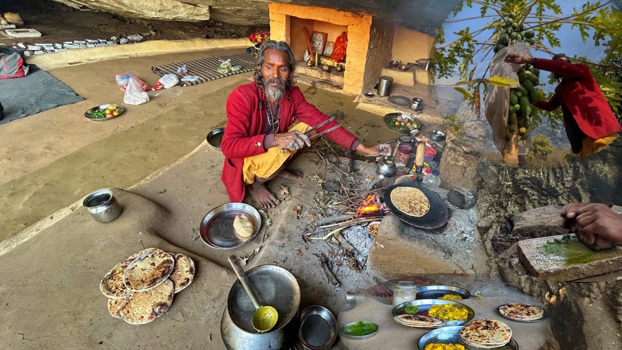 खाम्बेश्वर महादेव संत के पहाड़ी सेमी आलू साग और मोटे टिक्कड़ की भोजन प्रसादी #ख़म्बेश्वर #saint 