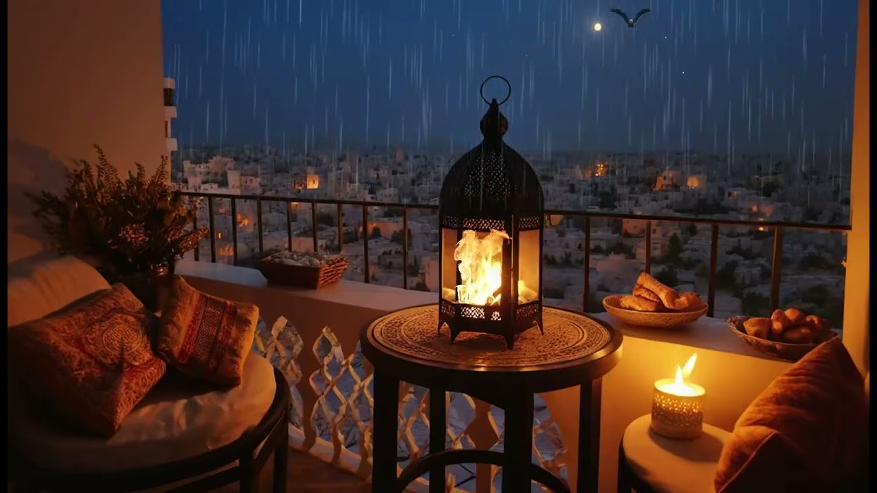 Ramadan Iftar Night 🔥🌧️ | Cozy Fireplace on the Rainy Balcony Ambience