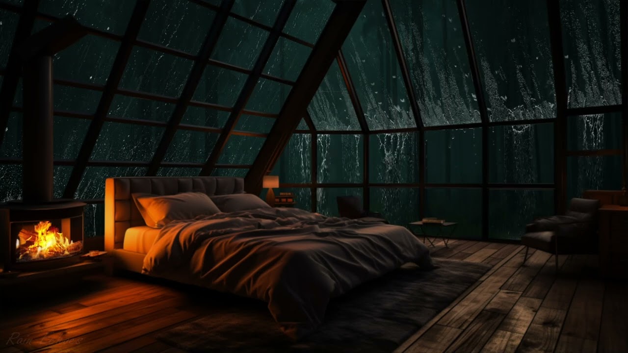 Rain Thunder in Cold Forest to sleep on Cozy Attic Bedroom w/ Fireplace🔥 - Rain Sounds for Sleeping