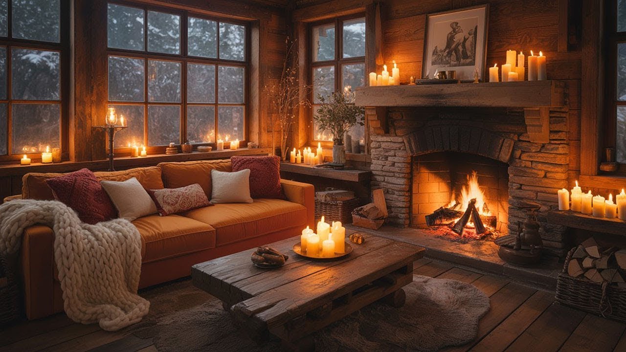 Peaceful Nights: Relaxing Piano and Jazz, Snowfall & Crackling Fireplace for Deep Sleep