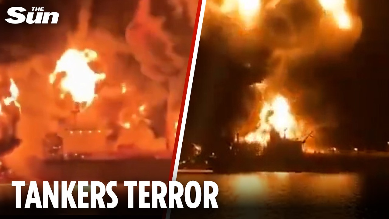 Moment huge explosions tear through oil tankers as Iran bomb boats strike in Persian Gulf