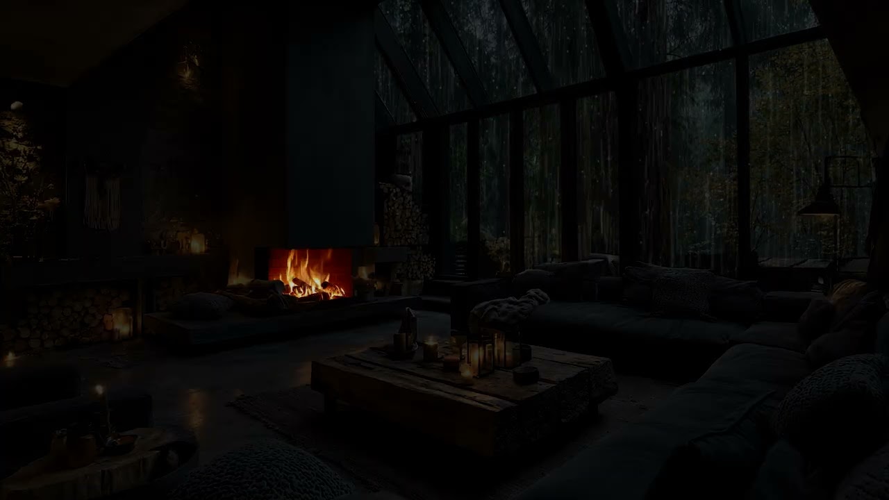 Watching Forest Rain | Calm Window View of Rainy Forest with Soft Fireplace Crackling Indoors