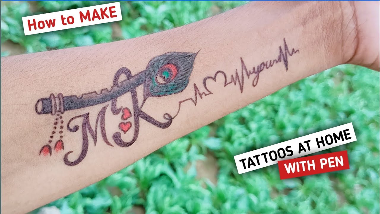 How to make M K letter Tattoo | Couple letter m and k tattoo with flute & feather