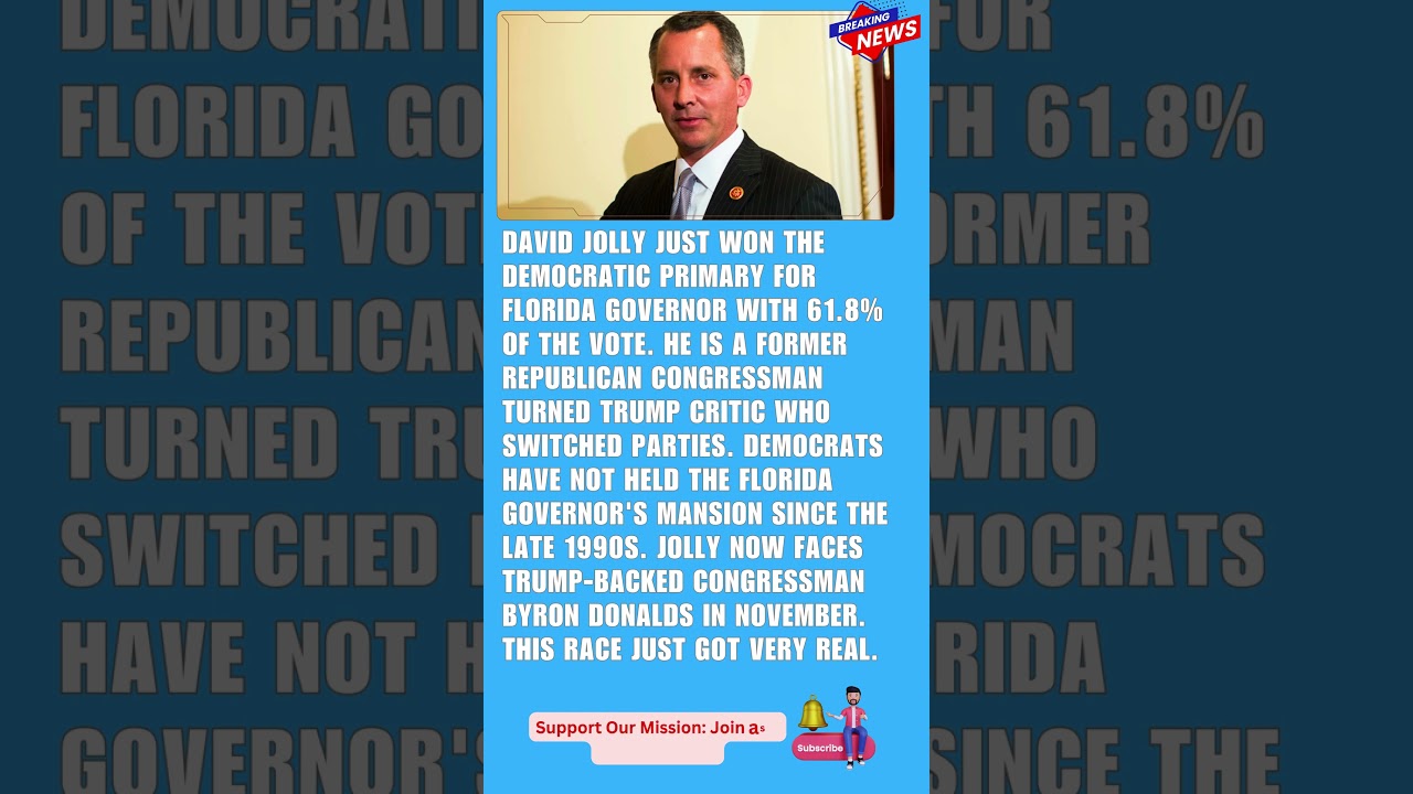 Ex-GOP David Jolly Wins Democratic Primary for Florida Governor, Faces Trump-Backed Donalds