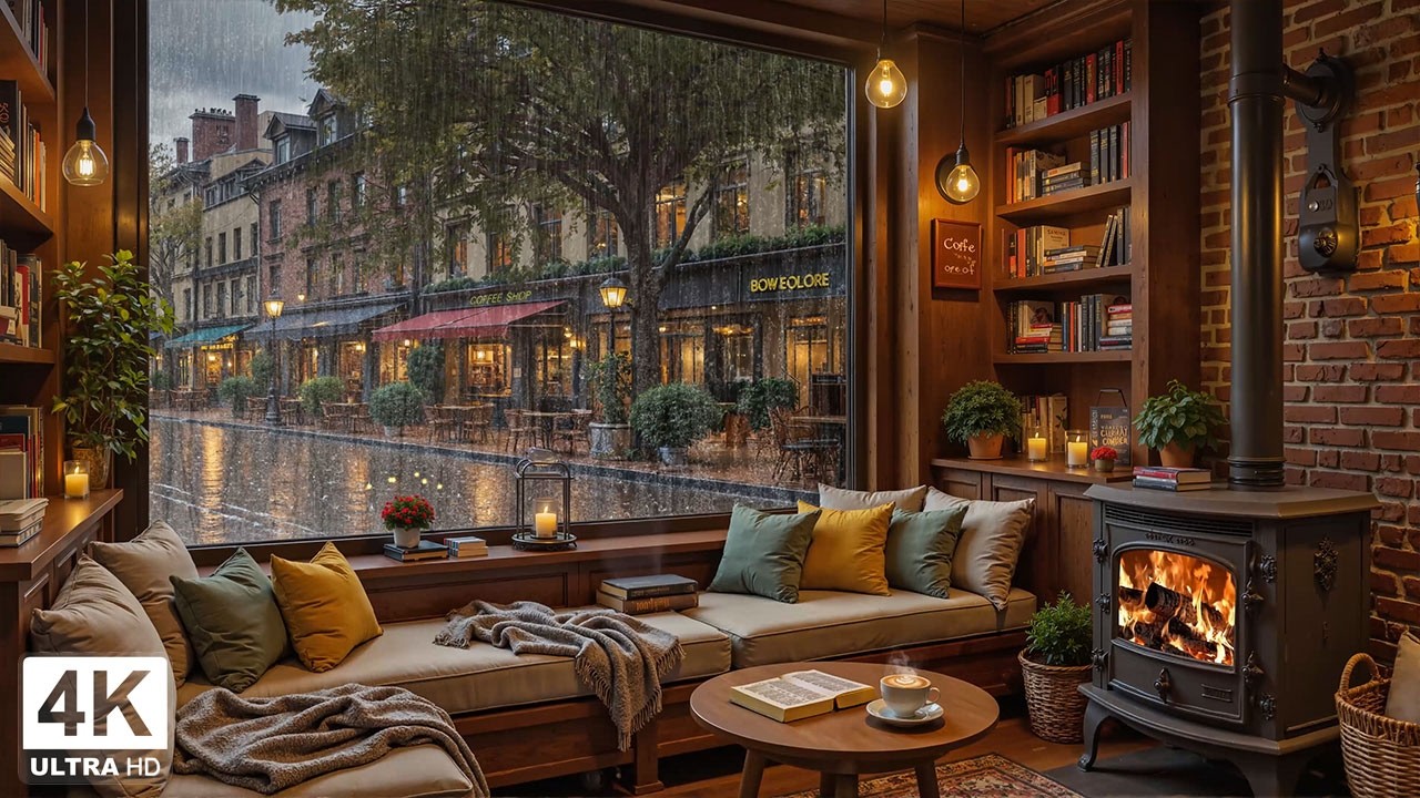 Smooth Jazz & Cozy Fireplace Sounds for Deep Focus ☕ Café Jazz Ambience in a Quiet Rainy Street