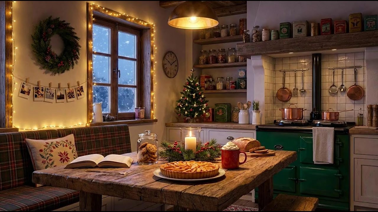 Snowy 1950s Winter Night ❄️ Oldies Playing in Another Room  Vintage Fireplace & Quiet Snowfall