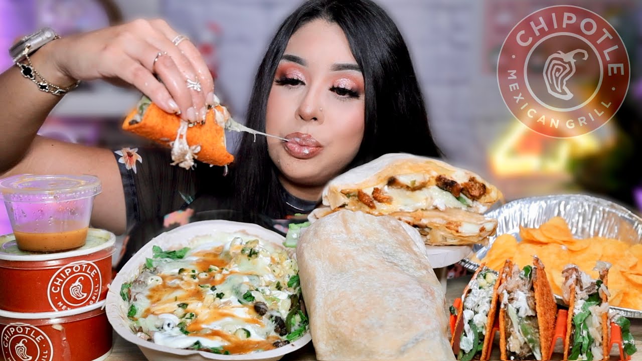 EATING CHIPOTLE LARGE BURRITO LOADED CHEESE BURRITO BOWL QUESADILLA CHIPS MUKBANG ASMR