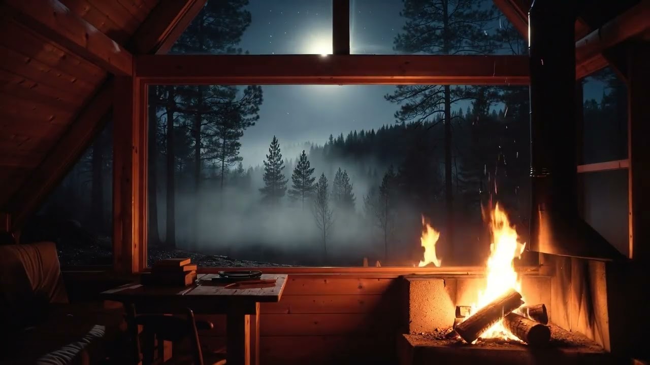 Foggy Night Cabin Ambience | Warm Fireplace Crackles and Forest Tranquility