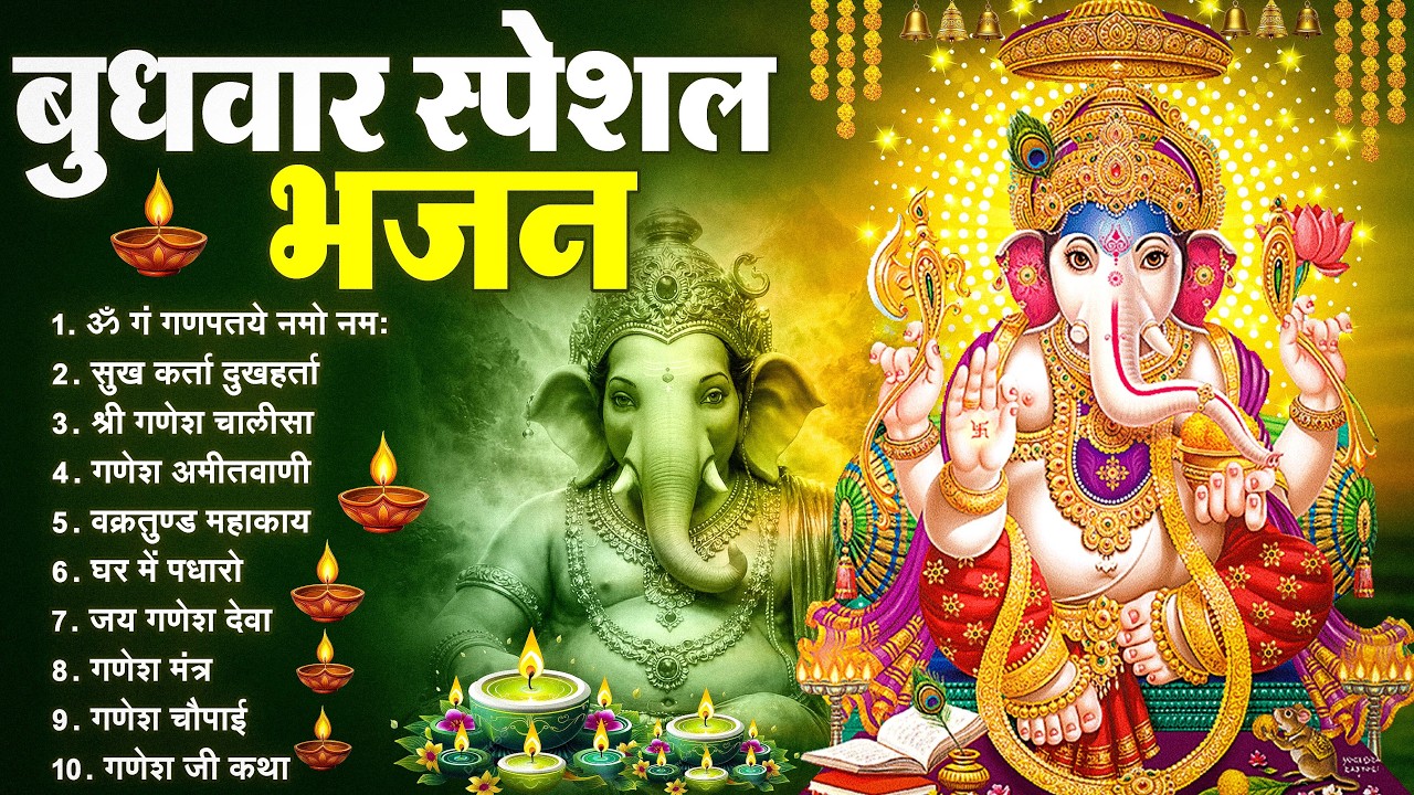बुधवार भक्ति भजन : ॐ गं गणपतये नमो नमः, वक्रतुंड महाकाय, सुखकर्ता दुखहर्ता, गणेश अमृतवाणी व आरती