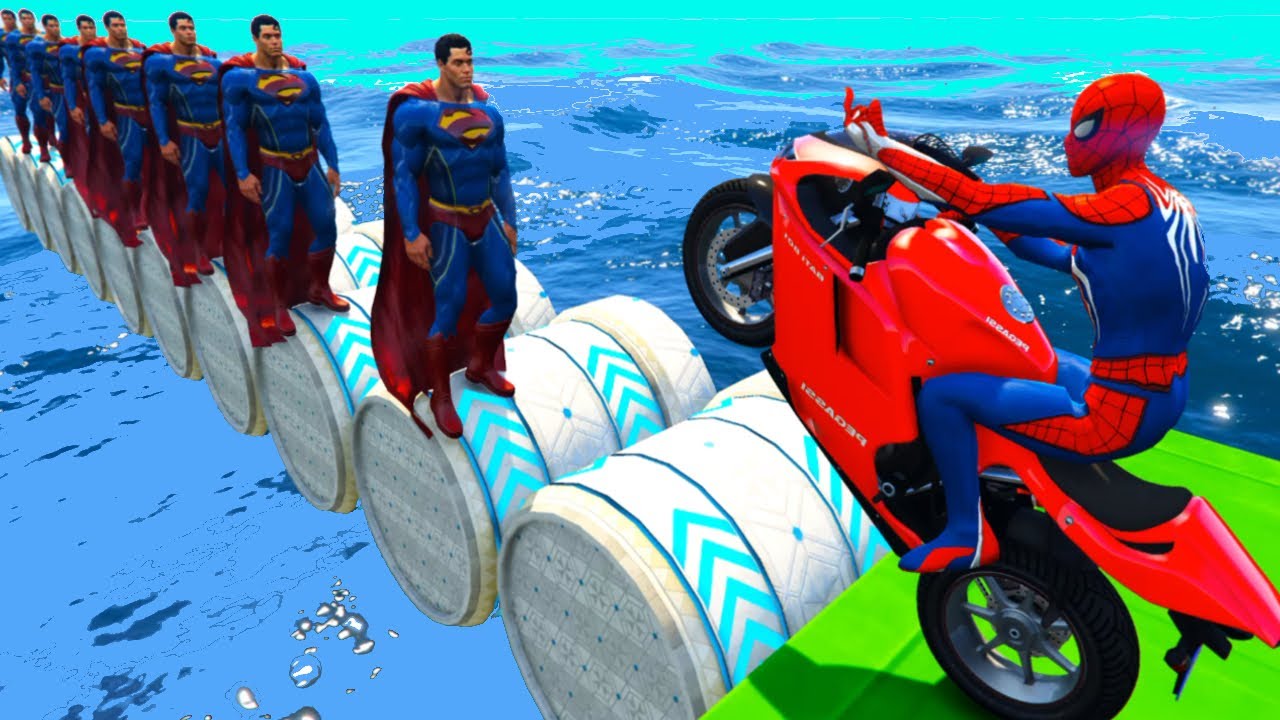 سبايدر مان اصعب دراجة نارية فوق اسماك القرش - Spiderman Ride on Motorcycle Stunt Funny superheros