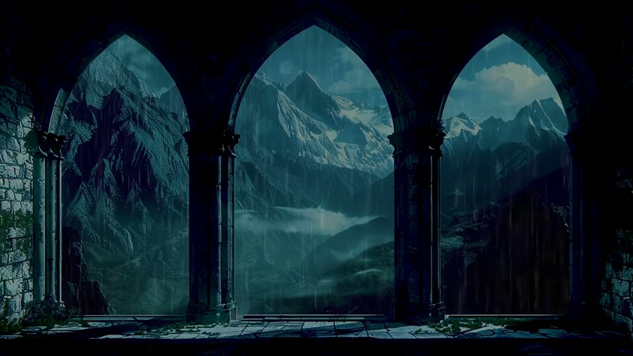 Filmischer Nachtregen an einem abgelegenen Schloss im nordischen Wald
