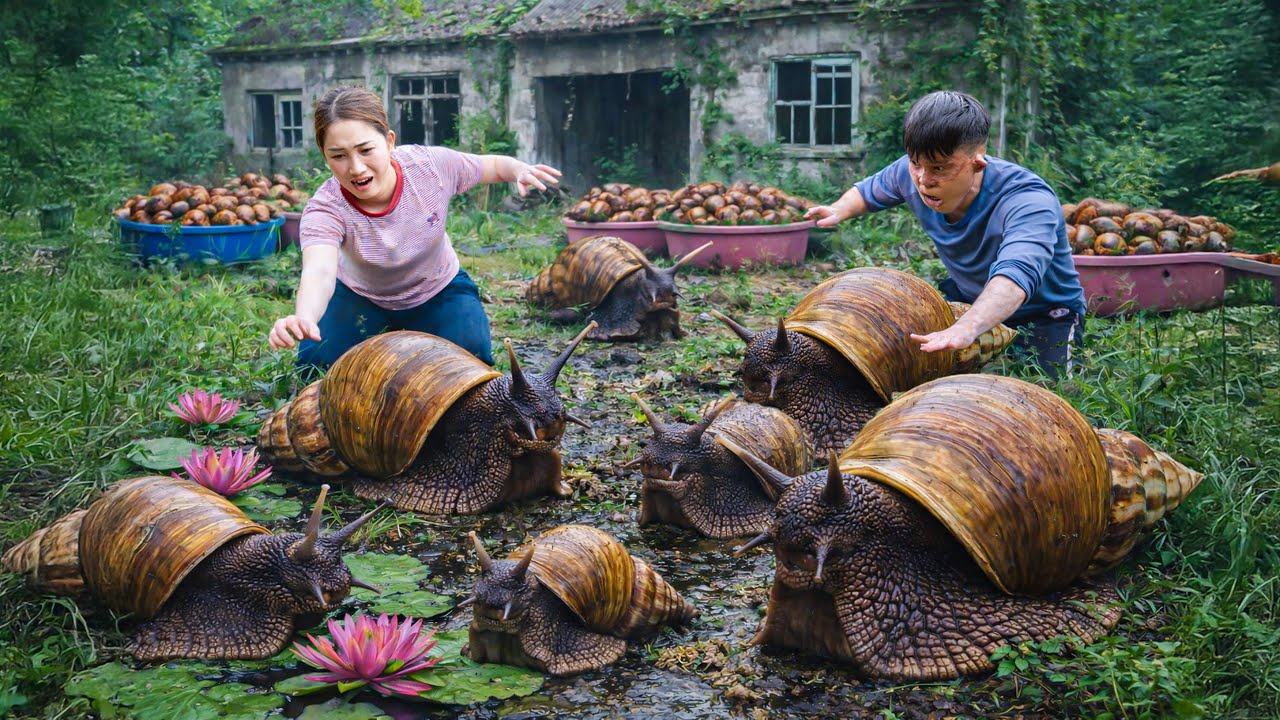 Harvesting Giant Dark Snail in Abandoned House, Cooking Super Spicy Snail | Unique Rural Dish