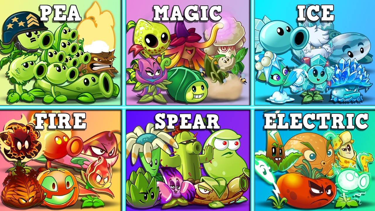 PvZ 2 All Plants 6 Team PEA x MAGIC x ICE x FIRE x SPEAR x ELECTRIC Battle - Who Will Win?