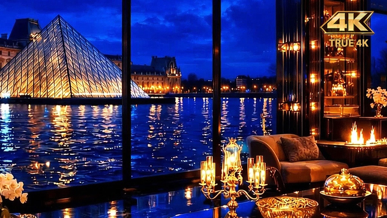 4K Louvre Courtyard Jazz Night ✨ | Relaxing Jazz Music for Evening Ambience
