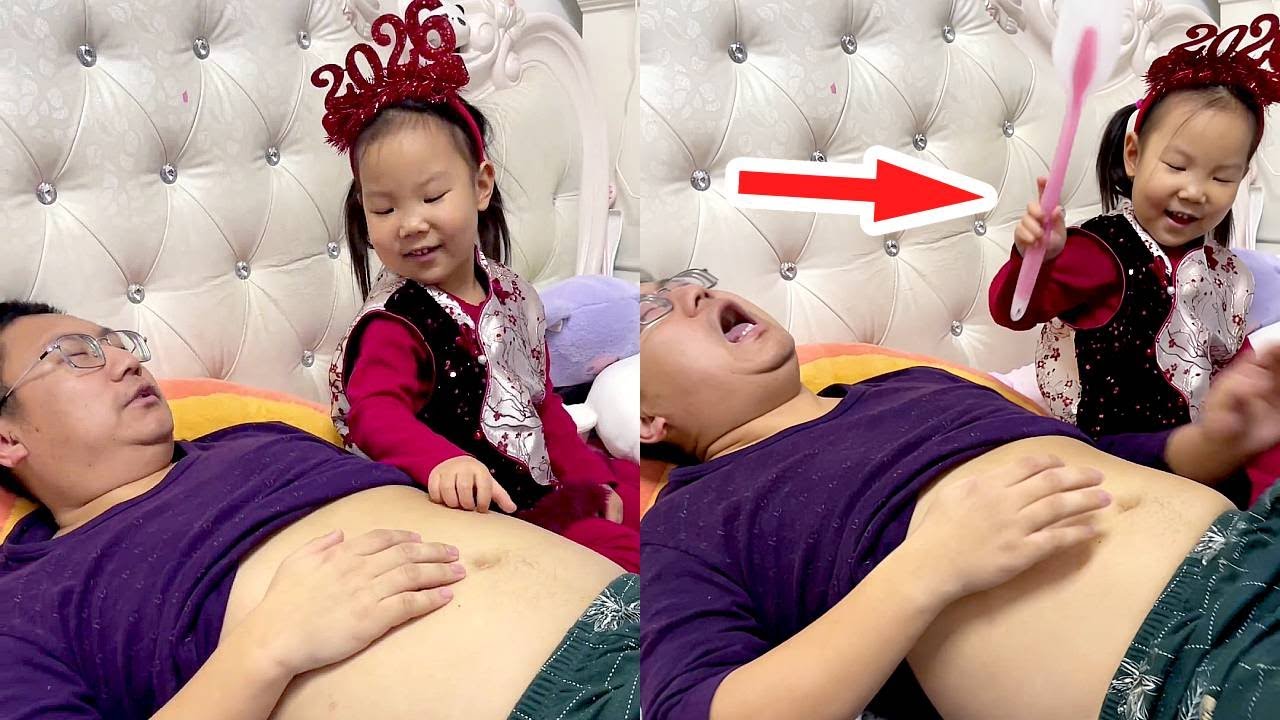 Tickling dad's stomach and making him feel pain.