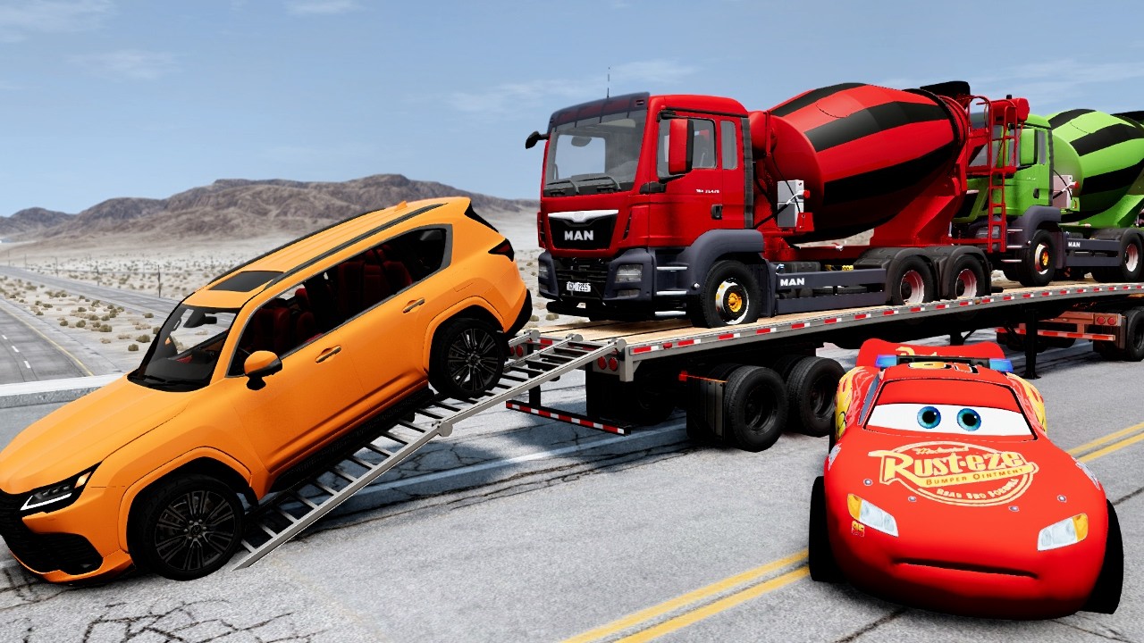 Flatbed Truck Mcqueen  Transportation with Truck   Pothole vs Car #51  BeamNG Drive 2
