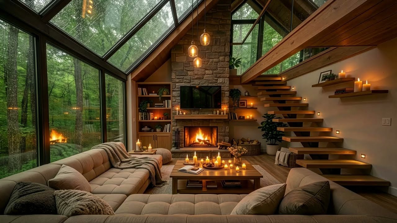 Deep Focus Jazz Music for Work & Study | Rain Sounds in a Forest-View Glass Roof Living Room