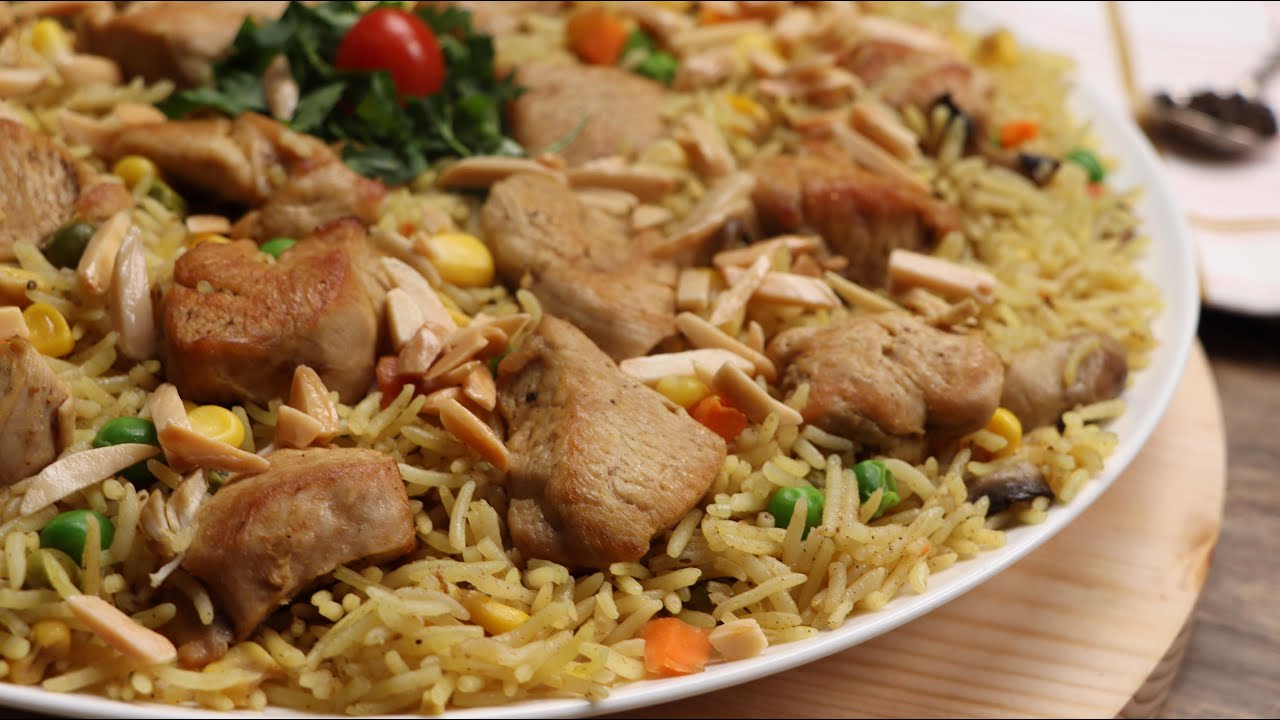 طبخ غدا سريع رز بالخضار وقطع الدجاج | اسرع وجبة غداء