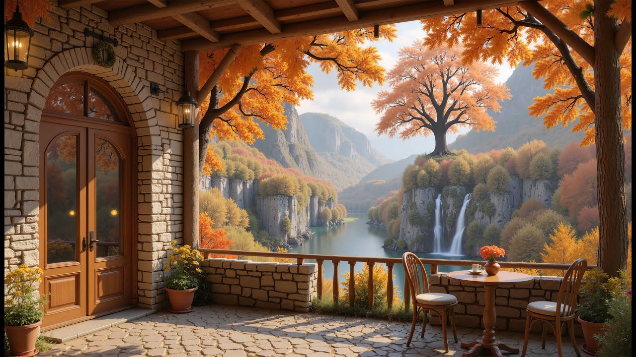 Magical Autumn Mountain Retreat 🍁 Balcony View of Waterfalls, Golden Forests for Relax