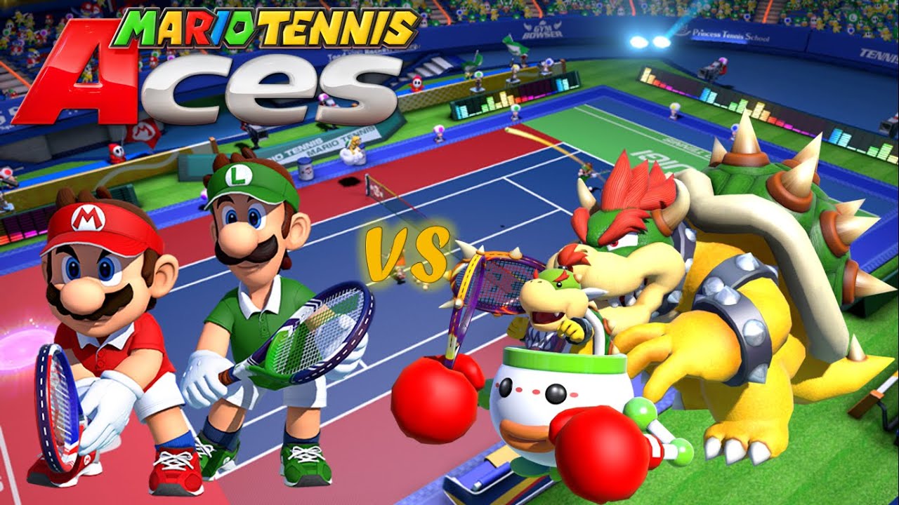 Mario Tennis Aces - Mario and Luigi vs Bowser and Bowser Jr (Marina Stadium (Night))