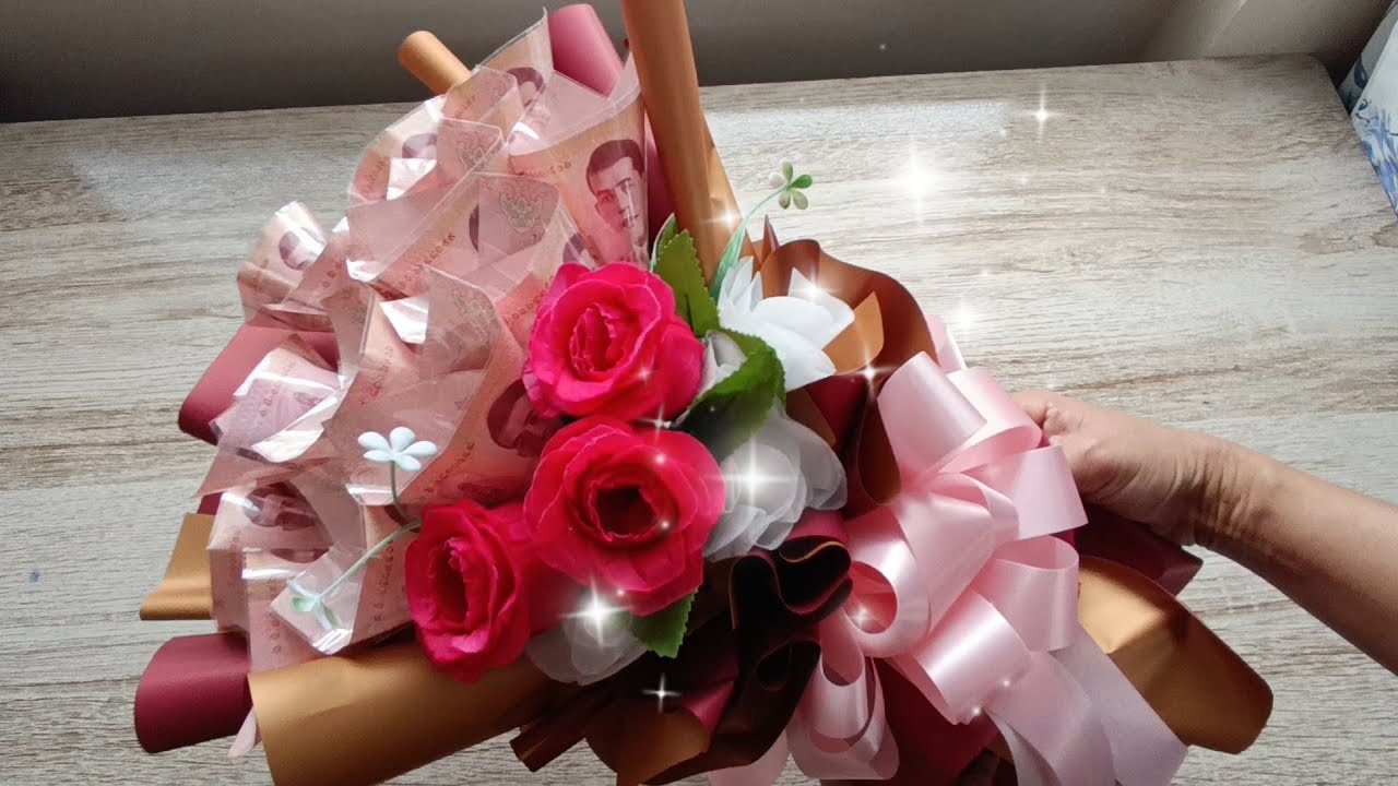 สอนทำช่อ ธนบัตร Cara Mudah Membuat Buket Uang Bentuk Mawar Money Bouquet Tutorial easy and simple