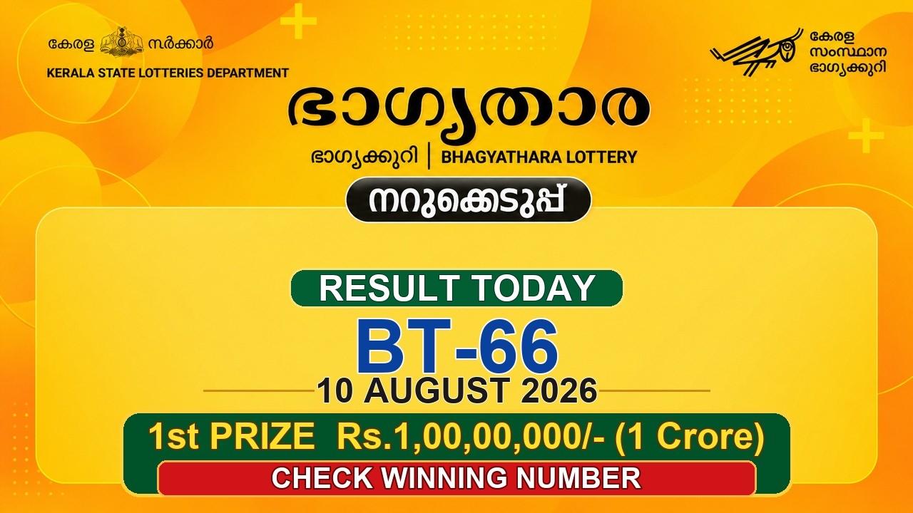 Bhagyathara BT-66 Result Today | Kerala Lottery Result 10 August 2026 Malayalam