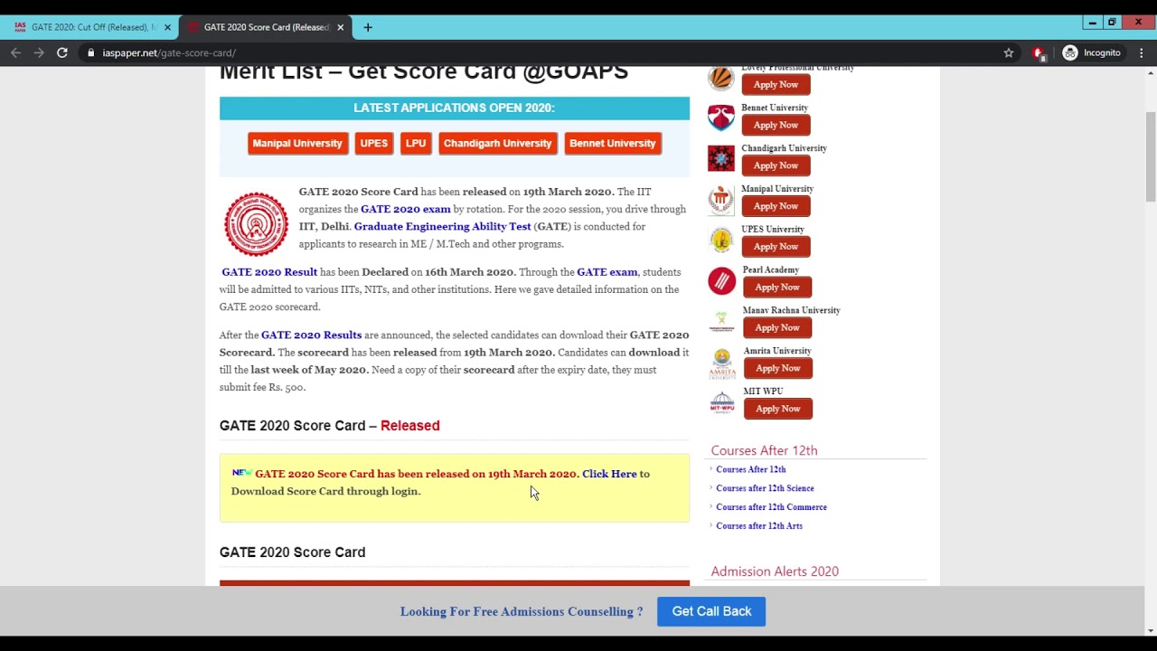 GATE 2020 Score Card (Released) - Check Here How to Download