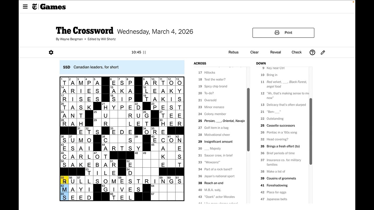 New York Times Crossword - Wednesday Mar 4 2026