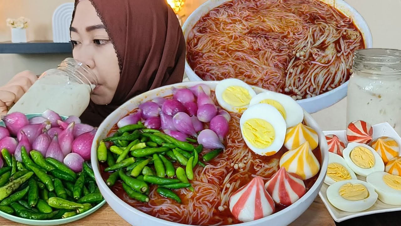 mukbang mie bihun enoki toping bawang cabe, telur dan dumpling | asmr mukbang