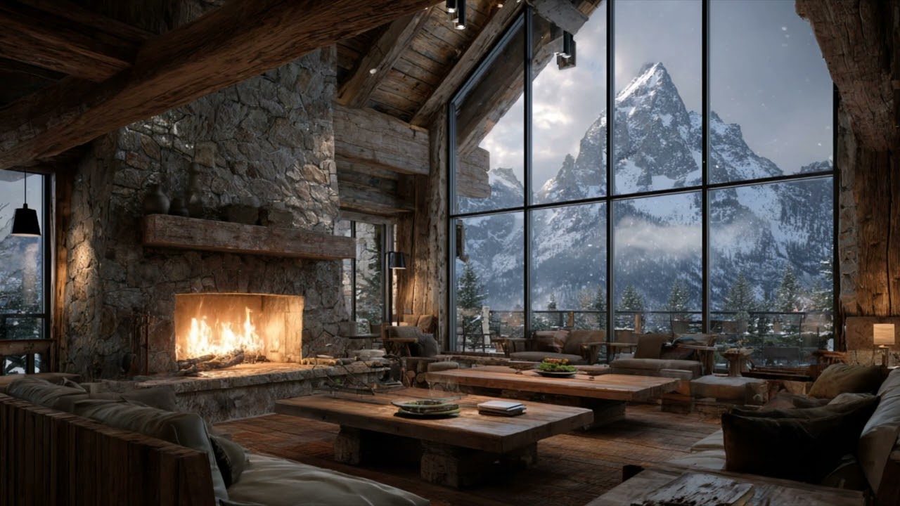 8 Hour Alpine Mountain Lodge Fireplace | 4K UHD Cozy Fire Crackling Sounds | Snowy Winter Ambience