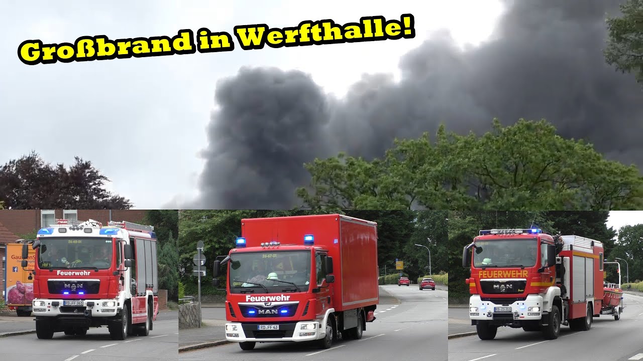 Schiffshalle mit Yacht in Flammen | Großbrand auf dem Gelände der Lürssen-Kröger-Werft bei Rendsburg