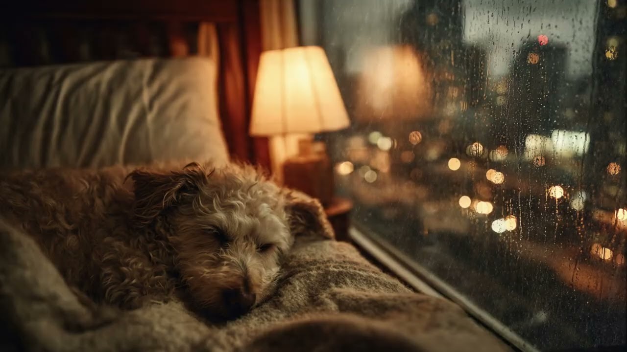 Calm Rain & Soft Music for Relaxation | Cozy Bedroom Ambience, Sleeping Dog at Night 🐶🌧️