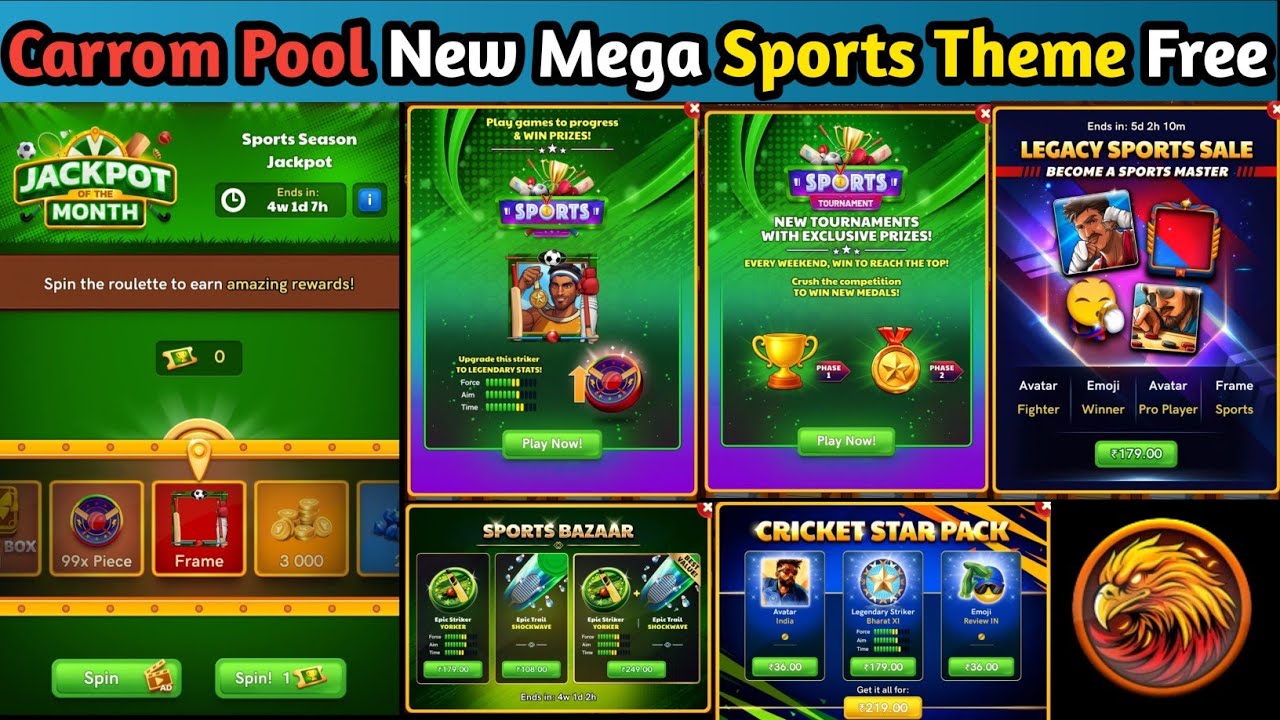 New Mega Sports Theme Free🔥||New Upcoming Offers Free🔥||Animated Rewards Free🔥||#CarromPool🔥