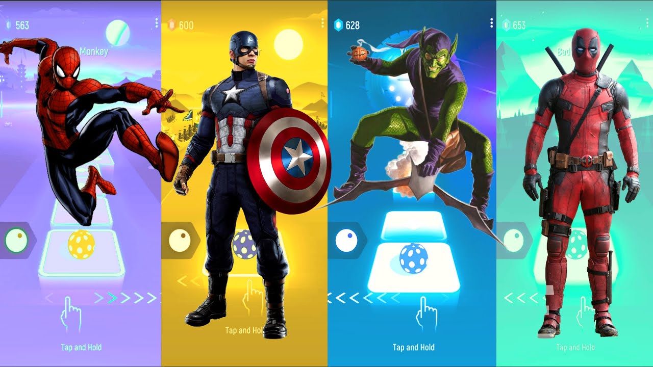Spiderman 🆚 Captain America 🆚 Green Goblin 🆚 DeadPool | Marvel Heroes | Tiles Hop Fun Ball