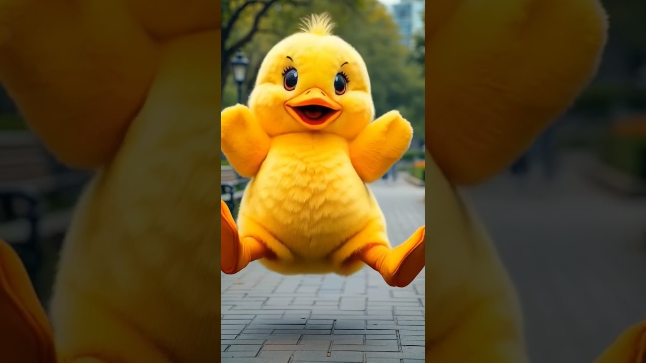 Yellow duck mascot in the city park square 